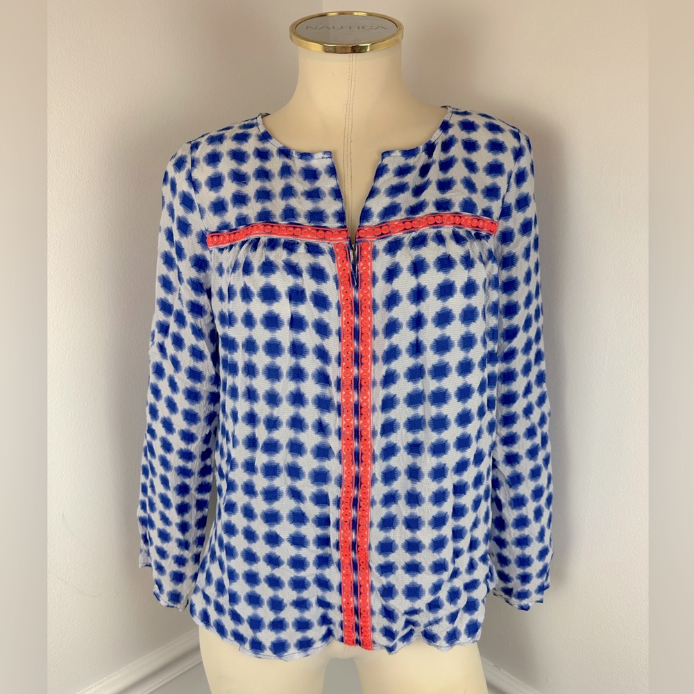 VINEYARD VINES Blue, White & Pink Long Sleeve Lightweight Silk Blouse | Size XS